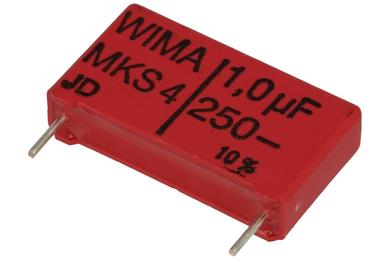 Capacitor; polyester; MKT; 1uF; 250V DC/160V AC; MKS4; MKS4F041005B00KSSD; 10%; 10x20x26mm; 22,5mm; bulk; -55...+125°C; Wima; RoHS