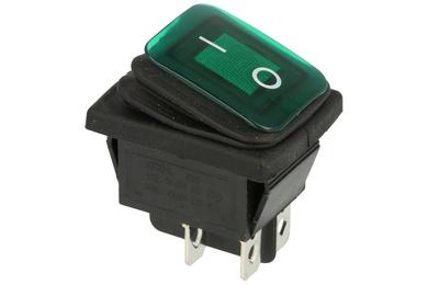 Switch; rocker; A-SR-KCD4-G; ON-OFF; 2 ways; green; neon bulb 250V backlight; green; bistable; 6,3x0,8mm connectors; 22x30mm; 2 positions; 16A; 250V AC
