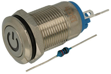 Przełącznik; przyciskowy; PBW-12BPW/G; OFF-ON; 1 tor; podświetlenie LED 12V; zielony; symbol power; bistabilny; na panel; 2A; 250V AC; 12mm