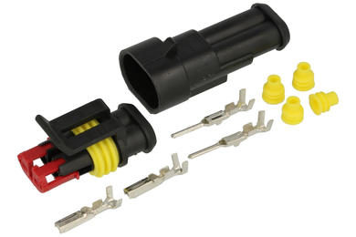 Connector; superseal; AV-SSCS-2; 2 ways; straight; cable socket & panel mounted plug; solder; 14A; 24V; black; copper alloy; 1,5mm2; IP67; latch