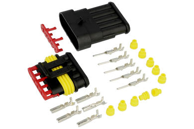 Złącze; superseal; AV-SSCS-5; 5 torów; proste; gniazdo na przewód + wtyk na panel; lutowany; 14A; 24V; czarny; stop miedzi; 1,5mm2; IP67; zatrzaskowe