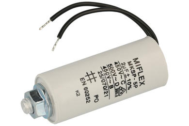 Capacitor; motor; MKSP; 2uF; 450V AC; I150V520K-H10; fi 25x53mm; with cables; screw with a nut; Miflex; RoHS