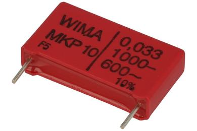 Capacitor; polypropylene; MKP; 33nF; 1000V DC/600V AC; MKP10; MKP1O123305B00KSSD; 10%; 6x15,5x26mm; 22,5mm; bulk; -55...+100°C; Wima; RoHS