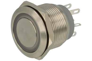 Przełącznik; przyciskowy; tact switch; GQ22-11WE/BW/12V; ON-(ON); 1 tor; podświetlenie LED 12V; biały; niebieski; ring; monostabilny; na panel; 0,5A; 250V AC; 22mm; IP67; Onpow; RoHS
