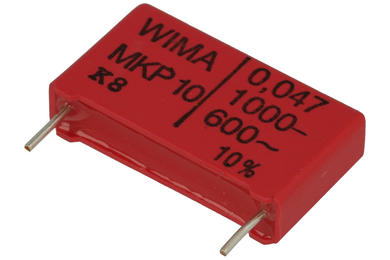 Capacitor; polypropylene; MKP; 47nF; 1000V DC/600V AC; MKP10; MKP1O124705B00KSSD; 10%; 6x15,5x26mm; 22,5mm; bulk; -55...+100°C; Wima; RoHS