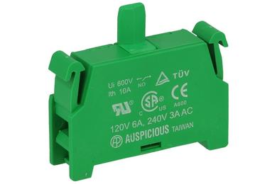 Contact block; B-1-O NO; 3A; 240V AC; 1,1A; 240V DC; green; plastic; NO; 22mm panel mount; Auspicious; RoHS