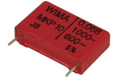 Capacitor; polypropylene; MKP; 68nF; 1000V DC/600V AC; MKP10; MKP1O126805D00KSSD; 10%; 7x16,5x26mm; 22,5mm; bulk; -55...+100°C; Wima; RoHS