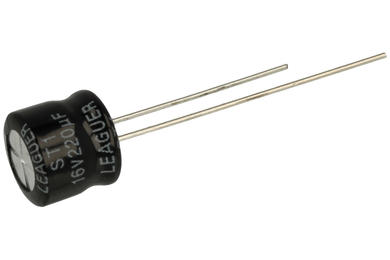 Capacitor; mini; electrolytic; 220uF; 16V; ST1; KE 220/16/8x7t; fi 8x7mm; 3,5mm; through-hole (THT); bulk; Leaguer; RoHS