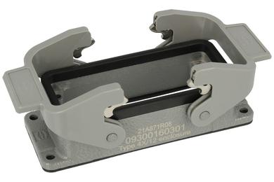 Connector housing; Han A; 09300160301; 16B; metal; straight; for panel; with double locking levers; low profile; silver; IP65; Harting; RoHS