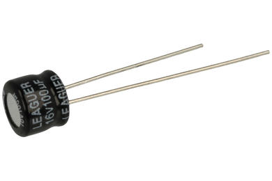 Capacitor; mini; electrolytic; 100uF; 16V; MT1; KE 100/16/6x5t; fi 6X5mm; 2,5mm; through-hole (THT); bulk; Leaguer; RoHS