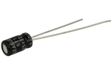 Kondensator; miniaturowy; elektrolityczny; 22uF; 25V; ST1; KE 22/25/4x7t; fi 4x7mm; 1,5mm; przewlekany (THT); luzem; Leaguer; RoHS