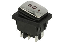 Przełącznik; klawiszowy (kołyskowy); A-KCD4-R3; ON-OFF-ON; 2 tory; srebrny; podświetlenie LED 230V; czerwony; bistabilny; konektory 6,3x0,8mm; 21,7x28,5mm; 3 pozycje; 16A; 250V AC