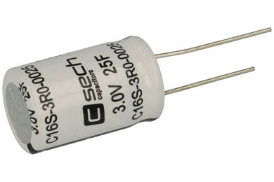 Capacitor; small celll ultracapacitors; electrolytic; 25F; 3V; C16S-3R0-0025; 20%; diam.16x26mm; 7,5mm; through-hole (THT); 30mOhm; 1000h; Sech