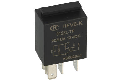 Relay; electromagnetic automotive; HFV6-K/012ZL-TR; 12V; DC; SPDT; 10/20A; 27V DC; with connectors; with mounting bracket; 1,8W; Hongfa; RoHS