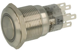 Przełącznik; przyciskowy; LAS1-AGQ-22E/B/12V/S; ON-(ON); 2 tory; podświetlenie LED 12V; niebieski; ring; monostabilny; na panel; 5A; 250V AC; 19mm; IP67; Onpow; RoHS