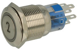 Przełącznik; przyciskowy; PBW-19B2R; OFF-(ON); 1 tor; podświetlenie LED 12V; czerwony; cyfra 2; monostabilny; na panel; 2A; 250V AC; 19mm