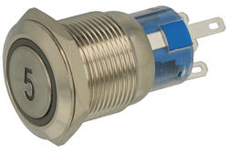 Przełącznik; przyciskowy; PBW-19B5R; OFF-(ON); 1 tor; podświetlenie LED 12V; czerwony; cyfra 5; monostabilny; na panel; 2A; 250V AC; 19mm