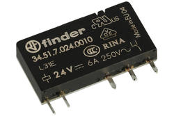 Przekaźnik; elektromagnetyczny miniaturowy; 34.51.7.024.0010; 24V; DC; 1 styk przełączny; 6A; 250V AC; do druku (PCB); do gniazda; Finder; RoHS