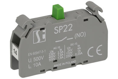 Styk pomocniczy; SP22\10-1; 1,6A; 500V AC; 0,25A; 220V DC; szary; plastik; zwierny; panelowe 22mm; Spamel; RoHS