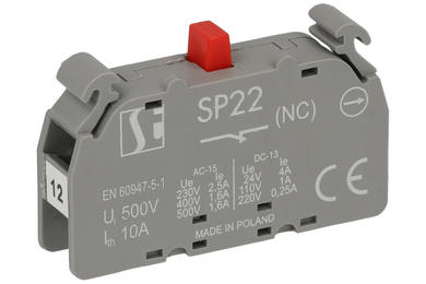 Contact block; SP22\01-1; 1,6A; 500V AC; 0,25A; 220V DC; grey; plastic; NC; 22mm panel mount; Spamel; RoHS