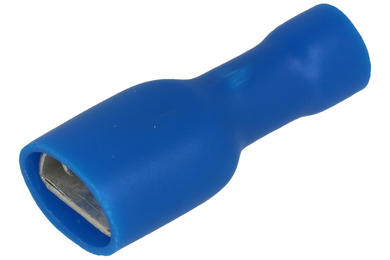 Connector; 6,3x0,8mm; flat female; whole insulated; 01109-FDFD2-250; blue; straight; for cable; 1,5÷2,5mm2; tinned; crimped; 1 way; KLS