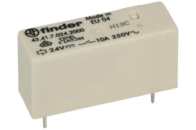 Przekaźnik; elektromagnetyczny miniaturowy; 43.41.7.024.2000; 24V; DC; 1 styk przełączny; 10A; 250V AC; do gniazda; do druku (PCB); Finder; RoHS