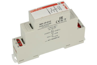 Relay; electromagnetic industrial; instalation; RPI-1P-D12; 12V; DC; SPDT; 16A; 250V AC; 16A; 24V DC; DIN rail type; Relpol; RoHS
