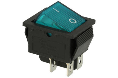 Switch; rocker; A-061/B; ON-OFF; 2 ways; turquoise; neon bulb 250V backlight; turquoise; bistable; 6,3x0,8mm connectors; 22x27mm; 2 positions; 15A; 250V AC