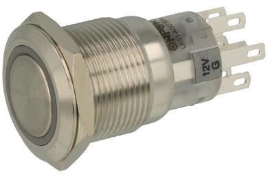 Przełącznik; przyciskowy; LAS1-AGQ-22E/G/12V/S; ON-(ON); 2 tory; podświetlenie LED 12V; zielony; ring; monostabilny; na panel; 5A; 250V AC; 19mm; IP67; Onpow; RoHS