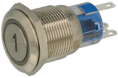 Przełącznik; przyciskowy; PBW-19B1R; OFF-(ON); 1 tor; podświetlenie LED 12V; czerwony; cyfra 1; monostabilny; na panel; 2A; 250V AC; 19mm