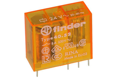 Przekaźnik; elektromagnetyczny miniaturowy; 40.52.8.024.0000; 24V; AC; 2 styki przełączne; 8A; 250V AC; do gniazda; do druku (PCB); Finder; RoHS; 1,2VA