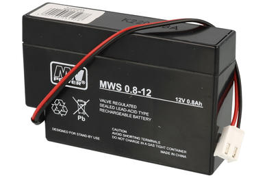 Akumulator; kwasowy bezobsługowy AGM; MWS 0,8-12; 12V; 0,8Ah; 96x25x62mm; kabel+złącze PHT-2S; MW POWER; 0,4kg; 3÷5 lat