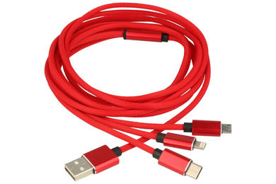 Kabel; USB; R-DSKU700; wtyk USB-A; wtyk USB-C; wtyk Lightning; wtyk microUSB; 2,5m; czerwony; okrągły; nylon w oplocie, PVC; Talvico