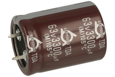 Kondensator; SNAP-IN; elektrolityczny; 3300uF; 63V; TDA; TDA63VS3300M 25.4x35; 20%; fi 25,4x35mm; 10mm; przewlekany (THT); luzem; -40...+105°C; 2000h; Samyoung; RoHS