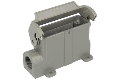 Connector housing; Han A; 19200160290; 16A; metal; straight; for panel; low profile; entry for M20 cable gland; with single locking lever; both sides cables entries; grey; IP65; Harting; RoHS