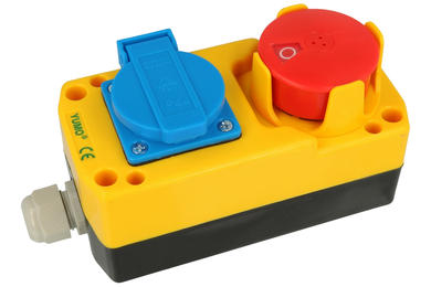 Switch; safety; push button; with socket; LAY5-JBPH2P-F; ON-OFF; mushroom; push-pull; with guard; 1 way; red; no backlight; bistable; screw; 5A; 250V AC; YUMO