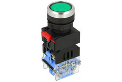 Przełącznik; przyciskowy; LAS0-B3Y-11/G/220V; ON-(OFF)+OFF-(ON); zielony; podświetlenie LED 220V; zielony; śrubowe; 2 pozycje; 6A; 220V AC; 10A; 24V DC; 22mm; 50mm; Onpow