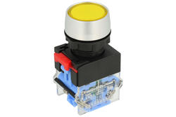 Przełącznik; przyciskowy; LAS0-A3Y-11Z/Y; ON-OFF+OFF-ON; żółty; bez podświetlenia; śrubowe; 2 pozycje; 10A; 500V AC; 22mm; 50mm; Onpow