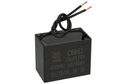 Kondensator; silnikowy (rozruchowy); 10uF; 450V AC; JY-201; 30x40x50mm; z przewodami; JYC