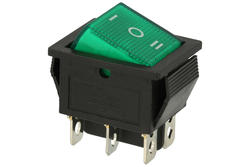 Przełącznik; klawiszowy (kołyskowy); C1570/IRS-203.; ON-OFF-ON; 2 tory; zielony; podświetlenie neonówka 250V; zielony; bistabilny; konektory 6,3x0,8mm; 22x30mm; 3 pozycje; 15A; 250V AC