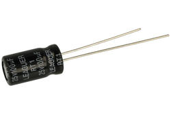 Capacitor; electrolytic; 100uF; 25V; RT1; KE 100/25/6x11t; fi 6x11mm; 2,5mm; through-hole (THT); bulk; Leaguer; RoHS