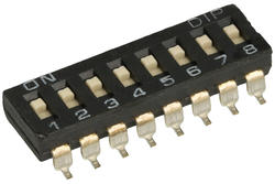 Przełącznik; DIP switch; 8 torów; suwak płaski; DMR-08TT/R; czarny; powierzchniowy (SMD); h=3mm; 25mA; 24V DC; biały; DIP; RoHS