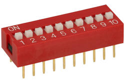 Przełącznik; DIP switch; 10 torów; DIPS10CD; czerwony; przewlekany (THT); h=5,3 + suwak 1,3mm; 25mA; 24V DC; biały; Bochen; RoHS
