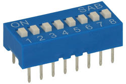 Przełącznik; DIP switch; 8 torów; DIPS8ND; niebieski; przewlekany (THT); h=5,2 + suwak 1,1mm; 25mA; 24V DC; biały; RoHS