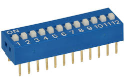 Przełącznik; DIP switch; 12 torów; DIPS12ND; niebieski; przewlekany (THT); h=5,2 + suwak 1,1mm; 25mA; 24V DC; biały
