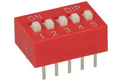 Przełącznik; DIP switch; 5 torów; DIPS5CD; czerwony; przewlekany (THT); h=5,3 + suwak 1,3mm; 25mA; 24V DC; biały; Bochen; RoHS