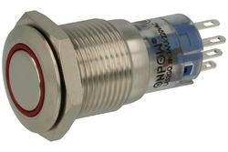 Przełącznik; przyciskowy; LAS2GQF-11E/R/12VS-FP; ON-(ON); 1 tor; podświetlenie LED 12V; czerwony; ring; monostabilny; na panel; 3A; 250V AC; 16mm; IP67; Onpow; RoHS