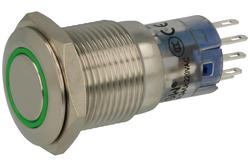 Przełącznik; przyciskowy; LAS2GQF-11E/G/12VS-FP; ON-(ON); 1 tor; podświetlenie LED 12V; zielony; ring; monostabilny; na panel; 3A; 250V AC; 16mm; IP67; Onpow; RoHS