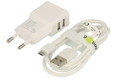 Zasilacz; Ładowarka; wtyczkowy; W-CUSBx2-W; 5V DC; 2,4A; 12W; 2x gniazdo USB typ A; 100÷240V AC; z osobnym kablem USB-microUSB; bez kabla; Goobay; RoHS