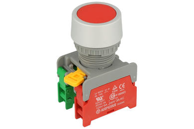 Switch; push button; PBF22-1-O/C-R; ON-(OFF)+OFF-(ON); red; no backlight; screw; 2 positions; 3A; 240V AC; 22mm; 50mm; Auspicious